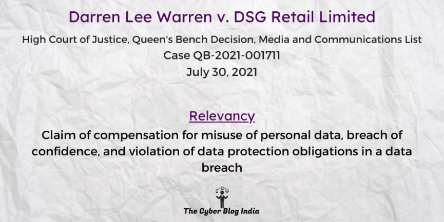 Claim of compensation for misuse of personal data, breach of confidence, and violation of data protection obligations in a data breach